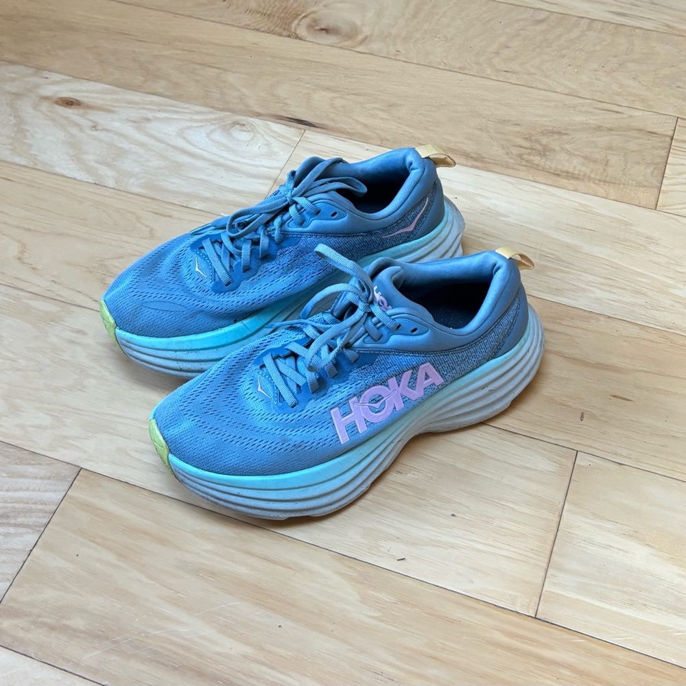 Hoka Sky Blue Sneakers with Pink Logo